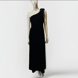Elegant JS Boutique Black One-Shoulder Dress with Beaded Flower Appliqué